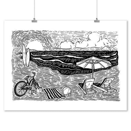 Beach Scene Etching Lantern Press Artwork 9x12 Art Print