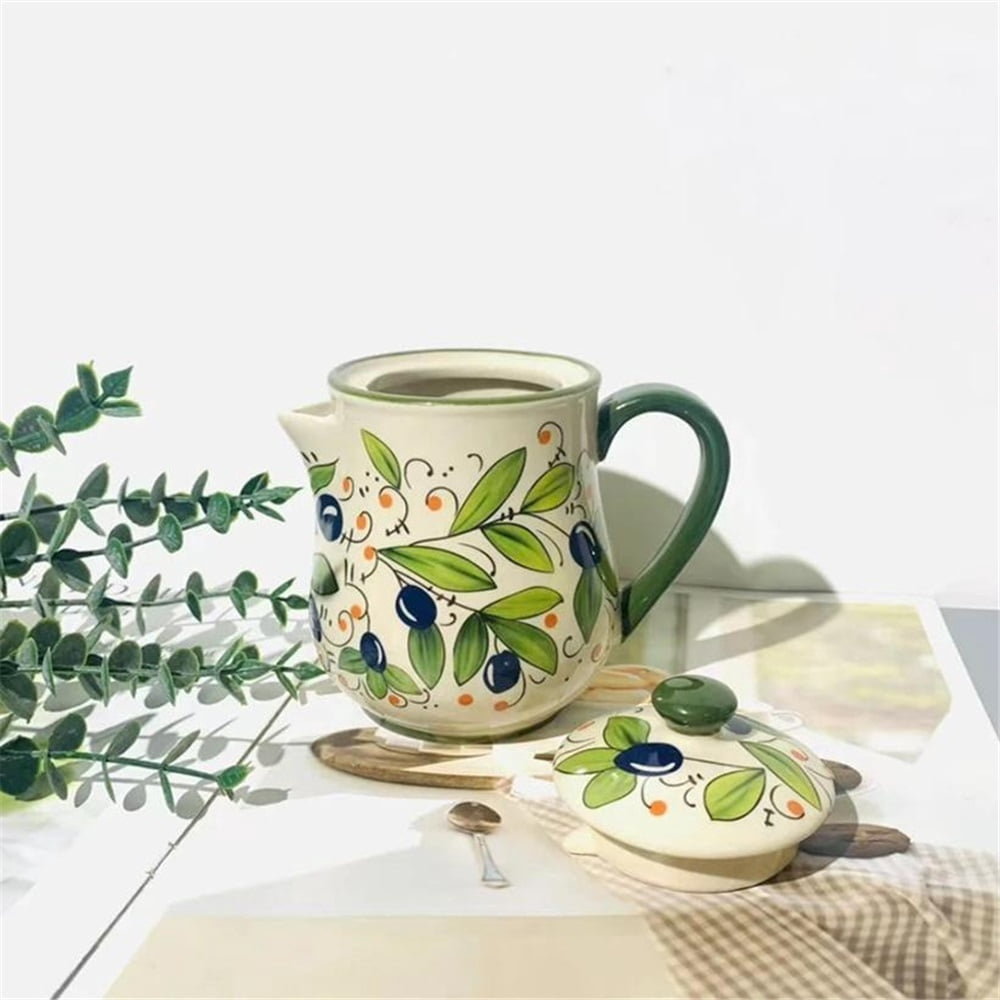Green Ceramic Milk Pitcher With Handle And Lid Home Kitchen Sauce Pot Gravy Boat
