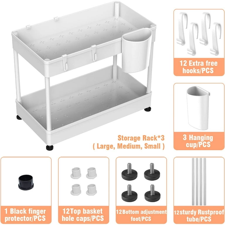 3 Pack Under Sink Organizers and Storage with Divider,2 Tier Under Cabinet  Storage with 4 Hooks and 4 clapboards, Carbon Steel Multi-purpose Under the Sink  Organizers for Bathroom Kitchen Laundry Room 
