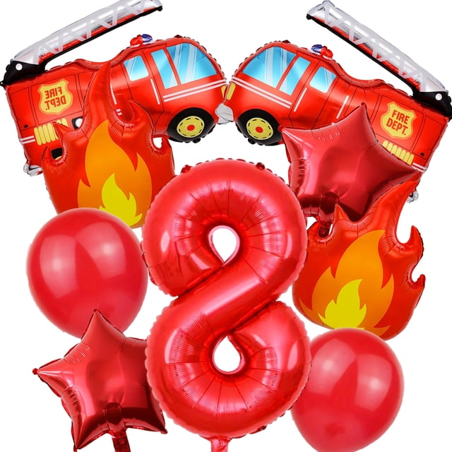 Ensemble de 9 Ballons de Feu Camion de Pompiers 32 Pouces Chiffres Rouges 0-9 Ballons d'Anniversaire Pompier Décorations de Fête Fournitures de Fête de Festival