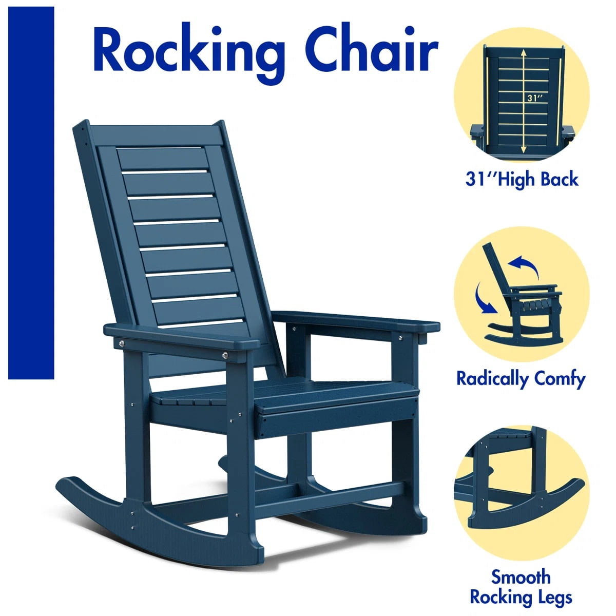 FODINGHILL Outdoor Rocking Chair Set,2 Rocking Chairs with 1 Side Table,HDPE Patio Furniture Sets,High Back Porch Rocker,2-Tier End Table for Backyard Garden Balcony,Blue