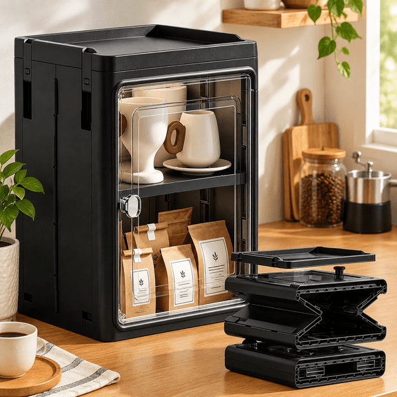 Nifogo Plastic Collapsible Storage Organizer, Foldable Stackable Container with Lid for Office & Dorm, Black