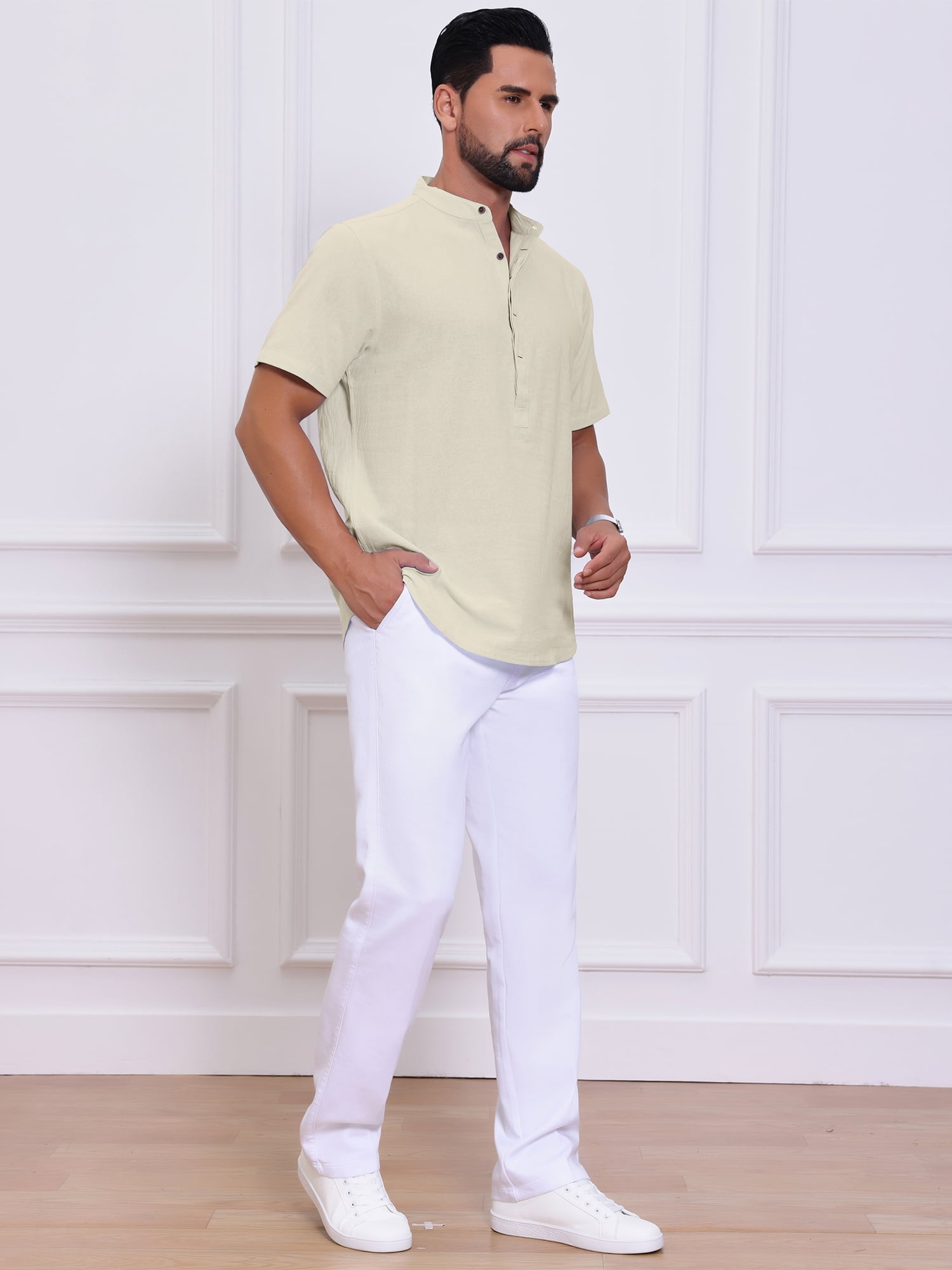 DARING DIVA Men's Casual Henley Band Collar Short Sleeve Summer Linen Shirts M Apricot