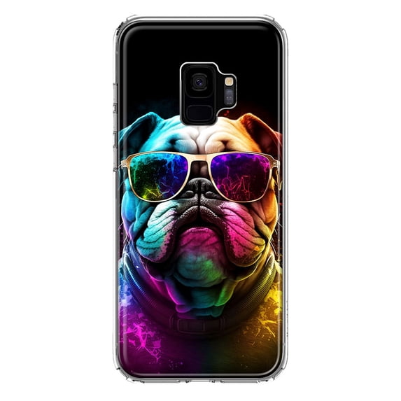 MUNDAZE Samsung Galaxy S9 Neon Rainbow Glow Bulldog Shockproof Clear Hybrid Protective Phone Case Cover