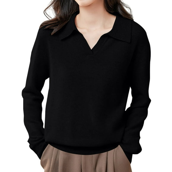 Yigetop Sweater Womens, Women's Collar Pullover Sweater with Collar Long Sleeved Knitted Base Elegant Polo Shirts V Neck Knitted Fall Tops Womens Polo Sweater Black M