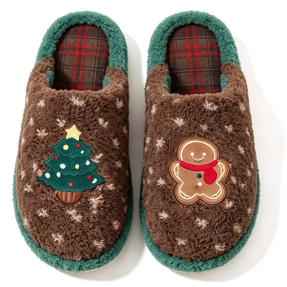 Knivor Memory Foam Christmas Slippers for Women Men Unisex Scuff House Slippers Gingerbread Man Christmas Tree Fuzzy Plush Winter Holiday Indoor Home Shoes for Couples