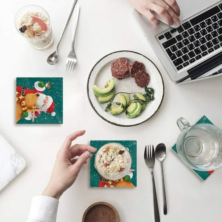 

KXMDXA Christmas Tree and Santa Claus Set of 8 Coaster for Drinks Absorbent Ceramic Stone Coasters Cup Mat with Cork Base for Home Kitchen Room Coffee Table Bar Decor