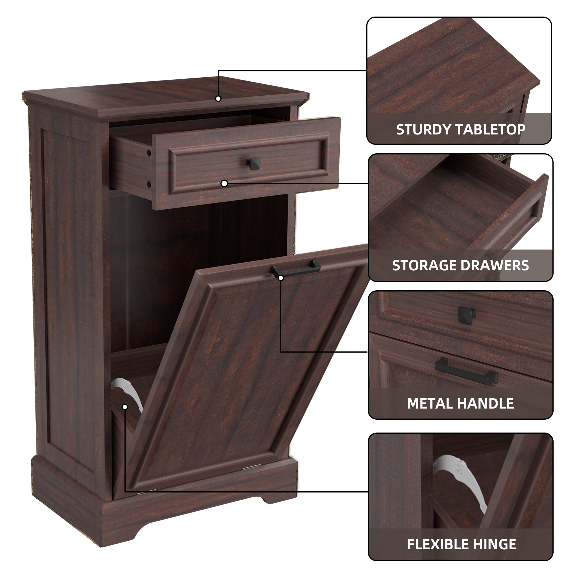 HARIPUL Single Tilt Out Trash Cabinet for 13 Gallon Trash Can, Laundry Hamper Tilt Out Pet Proof Trash Cabinet for Kitchen, Brown