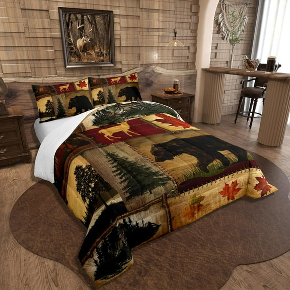 Rustic Farmhouse Bedding Comforter Sets Queen Size, Retro Cabin  Bedding Sets, Hunting  Deer Comforter Set, Country Maple Leaves Duvet Insert, Rustic Woodland Pine Tree Quilt, Red Brown