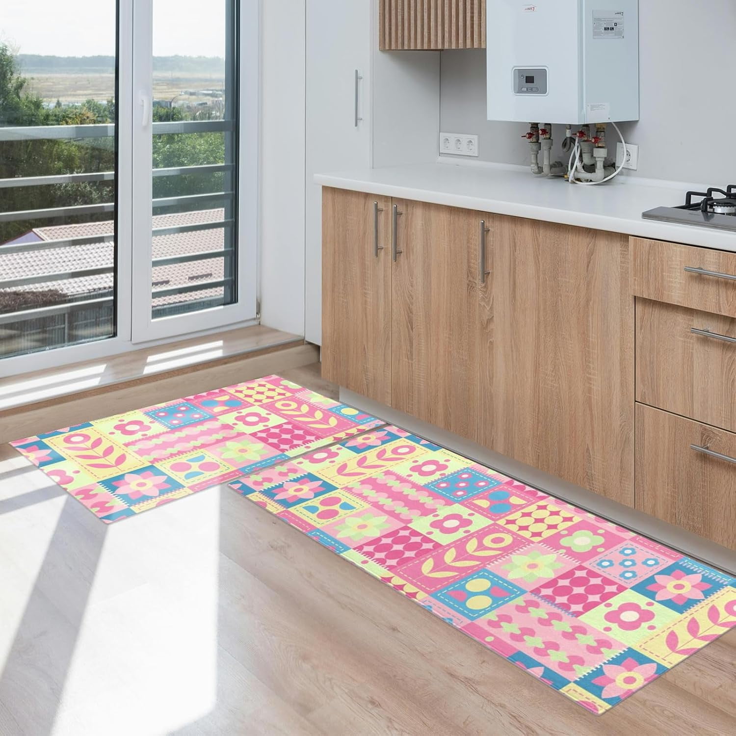 Colorful Cute Pink Kitchen Mats for Floor Set of 2, Geometry Yellow Floor Mat Carpet Runner Area Rug Washable, Pink Home Kitchen Decor and Accessories Stuff, 17x30 and 17x47 Inch