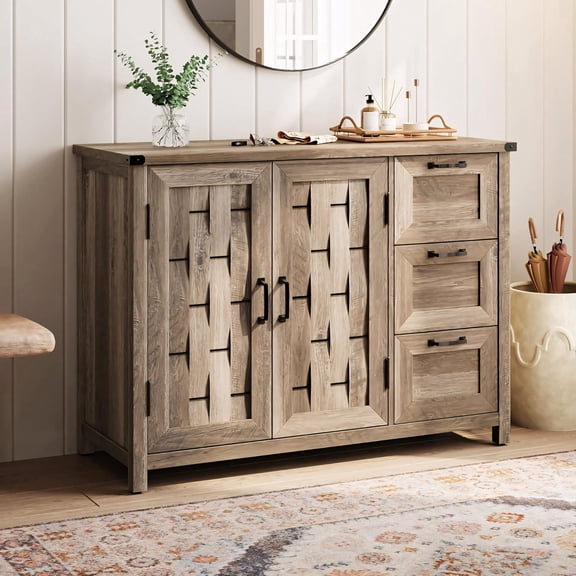 43 Inch Farmhouse Sideboard Buffet Cabinet with Drawers and Shelves Light Brown