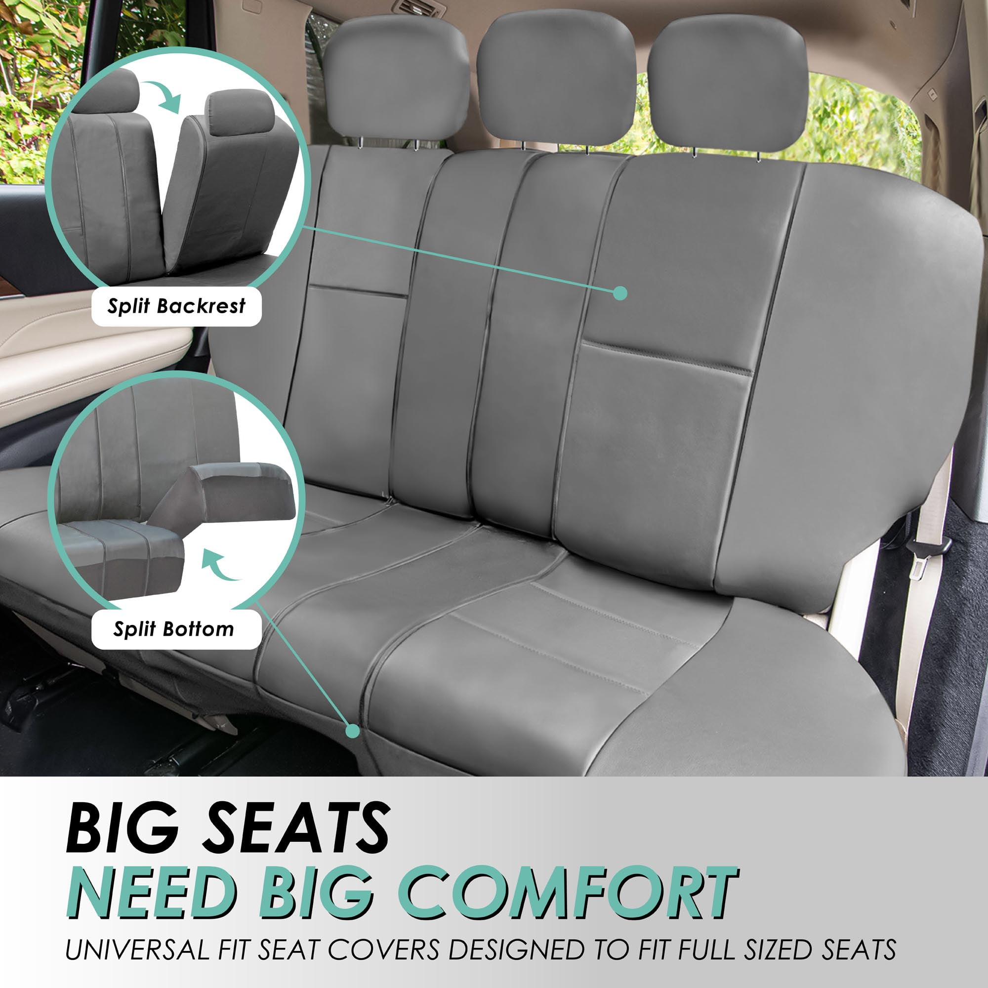 FH Group 3 Rows Universal Fit Faux Leather Car Seat Covers for SUV Sedan, Airbag Compatible, Split Bench w/ Free Air Freshener - 7 Seaters Solid Gray