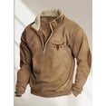 thumbnail image 3 of Men's Western Wool Jacket Denim Bull-Head Print Pullover – Quarter-Zip Stand Collar Long Sleeve Sports Sweatshirt,L,brown, 3 of 4