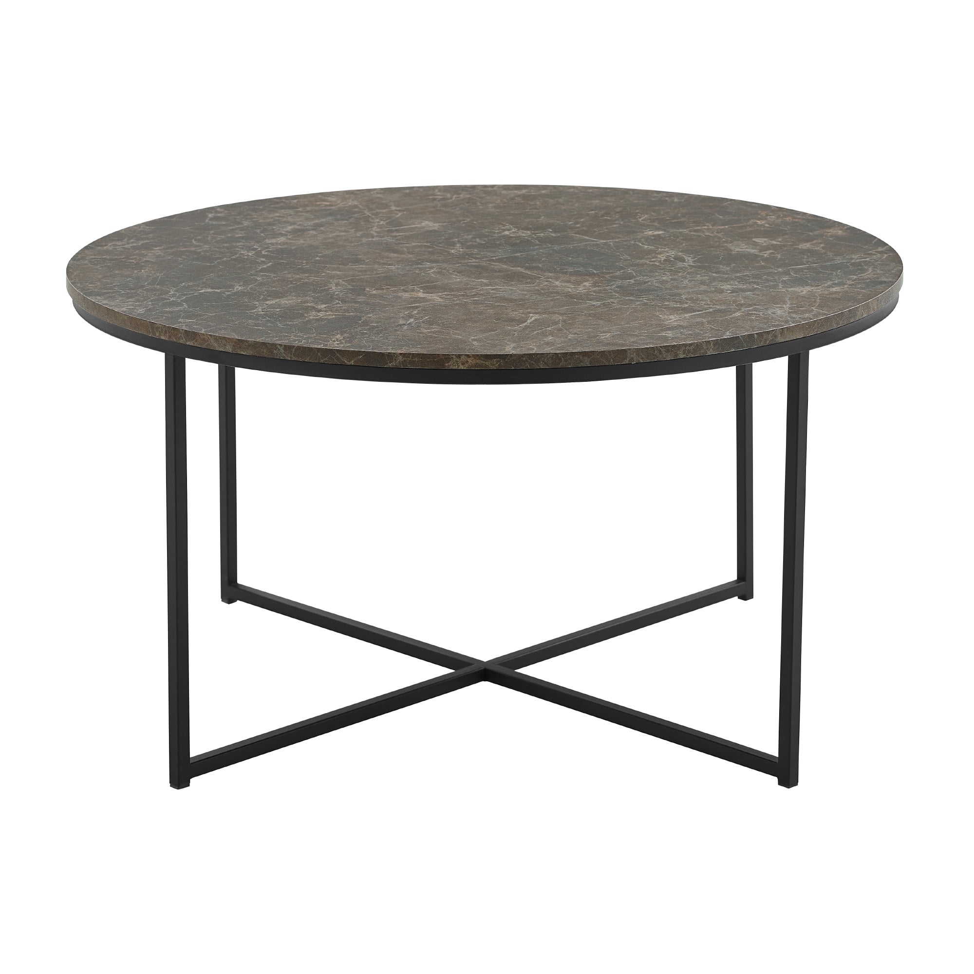 Ember Interiors Modern Round Coffee Table, Brown Faux Marble/Black