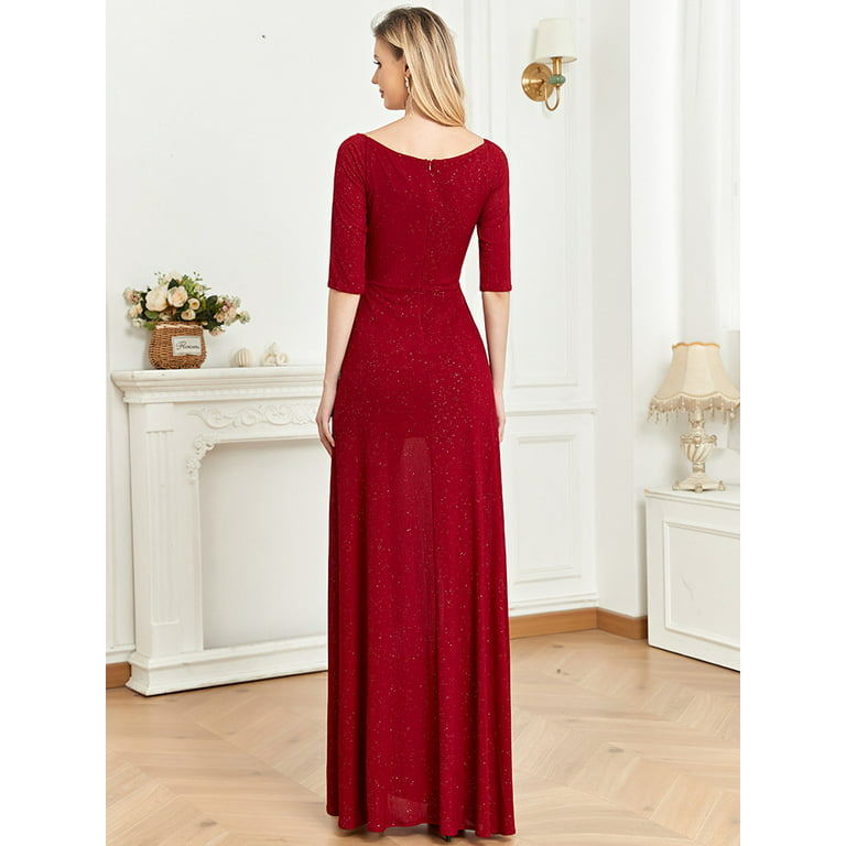 Fashion Wine Red Sparkly Evening Party Dress Elegant Ball Gown