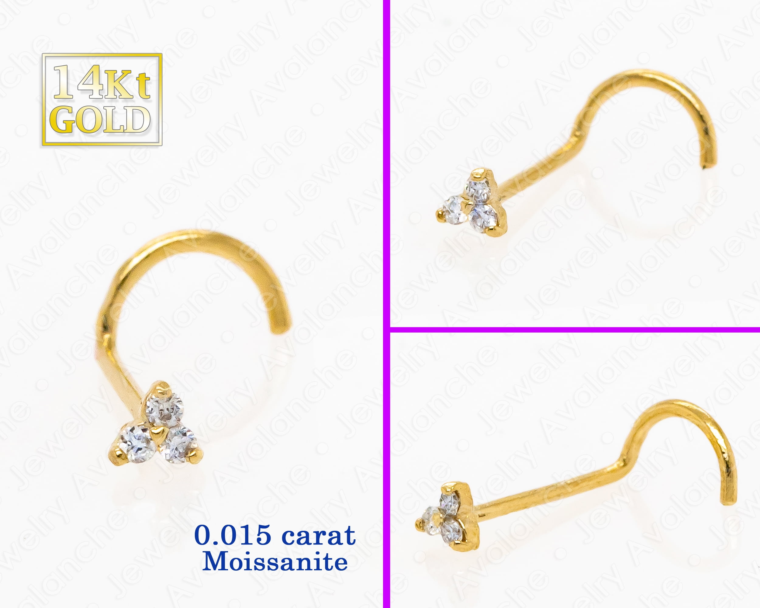 3-Stone 0.015ctw Moissanite Nose Stud - 22G Solid 14Kt Yellow Gold Nose Screw Stud Nose Ring - April Birthstone Nose Stud
