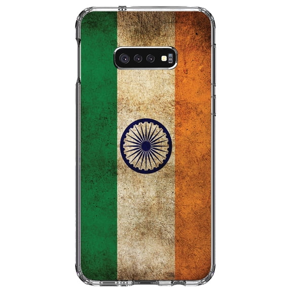 DistinctInk Clear Shockproof Hybrid Case for Samsung Galaxy S10e (5.8" Screen) - TPU Bumper, Acrylic Back, Tempered Glass Screen Protector - India Old Flag Indian - India
