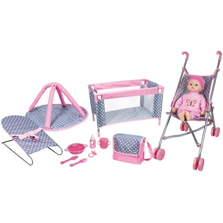 Lissi: 16" Baby Doll Playset - Pink-Blue-Polka Dot - Umbrella Stroller, Travel Bed, Playpen, Bouncer, Handbag, Toy Care Accessories, Kids-Toddlers 2 