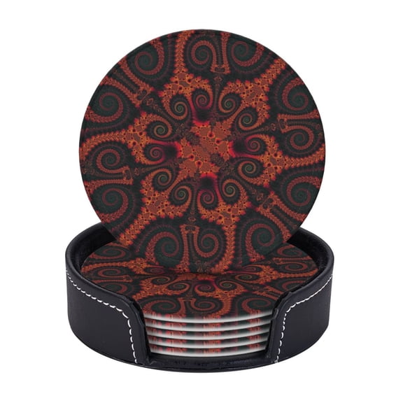 LNWH Coasters, Fractal Dark Spiral Vortex Leather Round Coasters Set of 6 for Kitchen Dining Room Living Room Bar - Tabletop Waterproof and Anti-scald