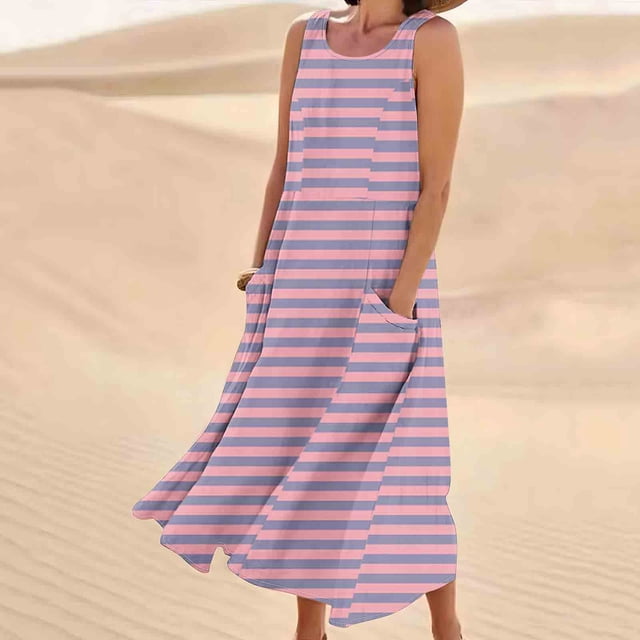 FcBaudy Robe Sans Manches à Encolure Ron, Robes d'Été pour Femmes, Robes pour Femmes Robe Sans Manches à la Mode pour Femmes et Robe Longue Imprimée en Lin à Encolure Ronde Robe pour Femme