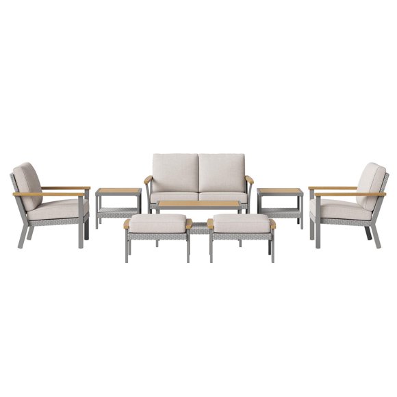 SONGMICS HOME Sencillo Collection - 8 Piece Patio Furniture Set, 1 Coffee Table, 2 Small Coffee Tables, 1 Loveseat,  2 Lounge Chairs and 2 Ottomans, Gray and Beige