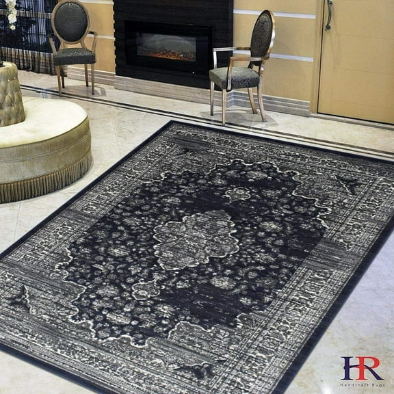 Midnight Blue/Gray Persian Isfahan FloralPattern Distressed - Modern Vintage Area Rug