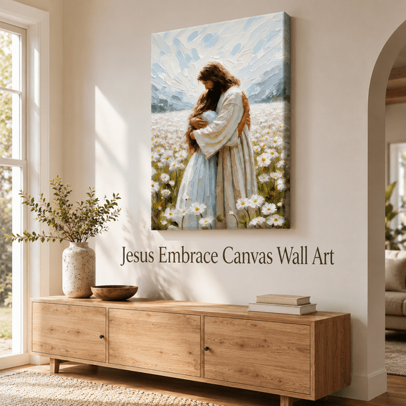 MORAVE 12x16in Canvas Wall Art, Jesus Hugging Girl Prints Posters, Modern Christian Embrace Pictures for Bedroom Living Room Kitchen Bathroom Hallway Decor