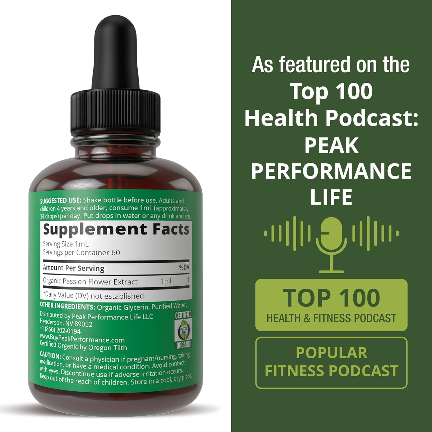 USDA Organic Passion Flower Extract Vegan Liquid Drops for Calm, Relaxation Support.