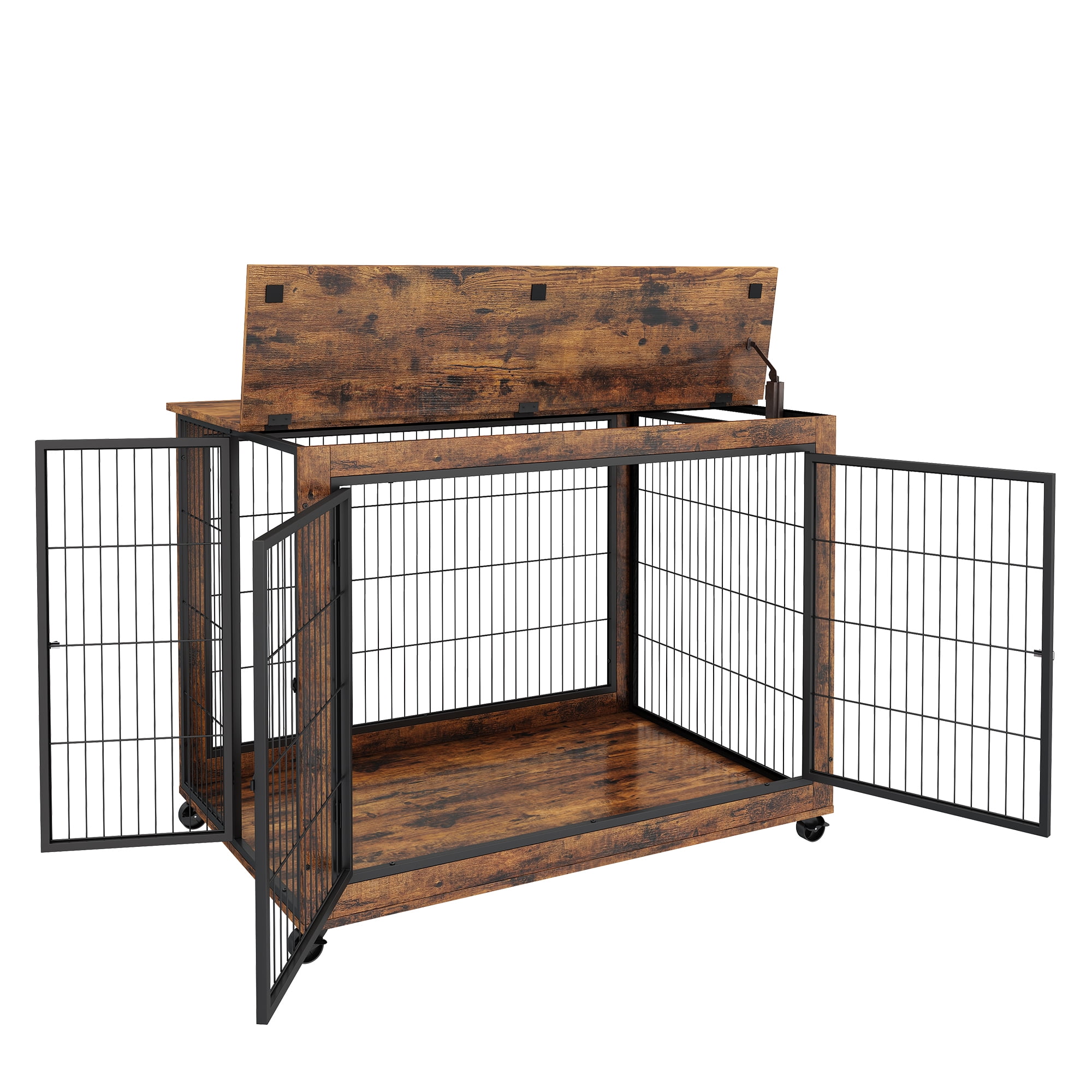 Syngar Dog Crate on Wheels, Wooden Dog Cage with Lockable Double Doors and Lift Top, Modern Home 2-in-1 Dog House End Table Furniture, Dog House for Small/Medium Sized Dogs, Rustic Brown, 43.7"L