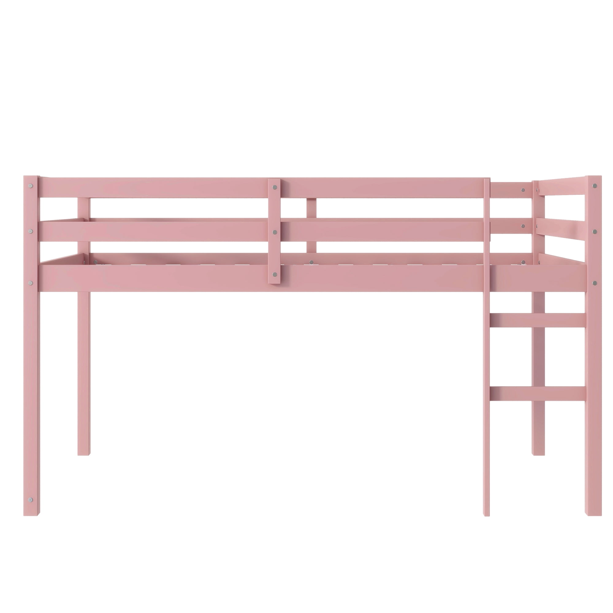 Miniyam Twin Loft Bed for Kids, Solid Wood Frame with Ladder and Guardrails, Space-Saving Design, Pink
