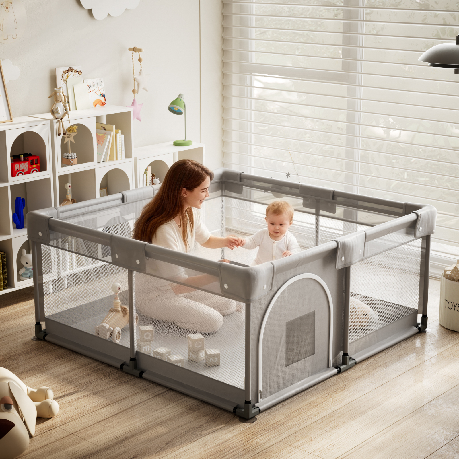 NimbleRest 58.5"x58.5" Large Baby Playpen Toddler Play Yards Safety Fence, Gray