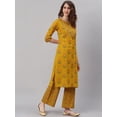 thumbnail image 5 of Janasya Indian Round Neck 3/4 Sleeve Floral Print Mustard Cotton Kurta With Palazzo For Women, 5 of 8