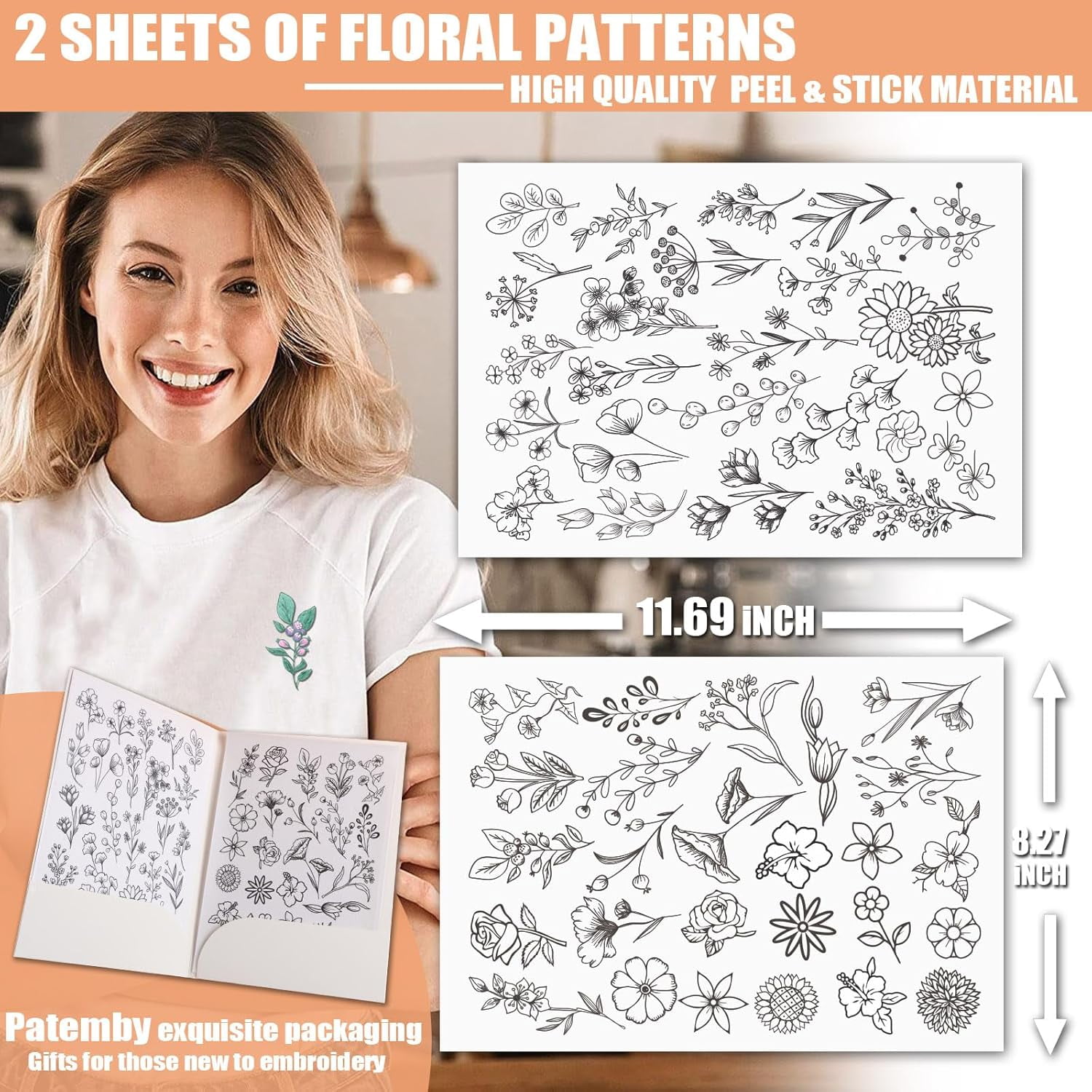 Embroidery Pattern Water Soluble Stabilizers, Stick and Stitch Embroidery Paper Wash Away with Pre-Printed Pattern Designs Stencils Transfers for Hand Sewing