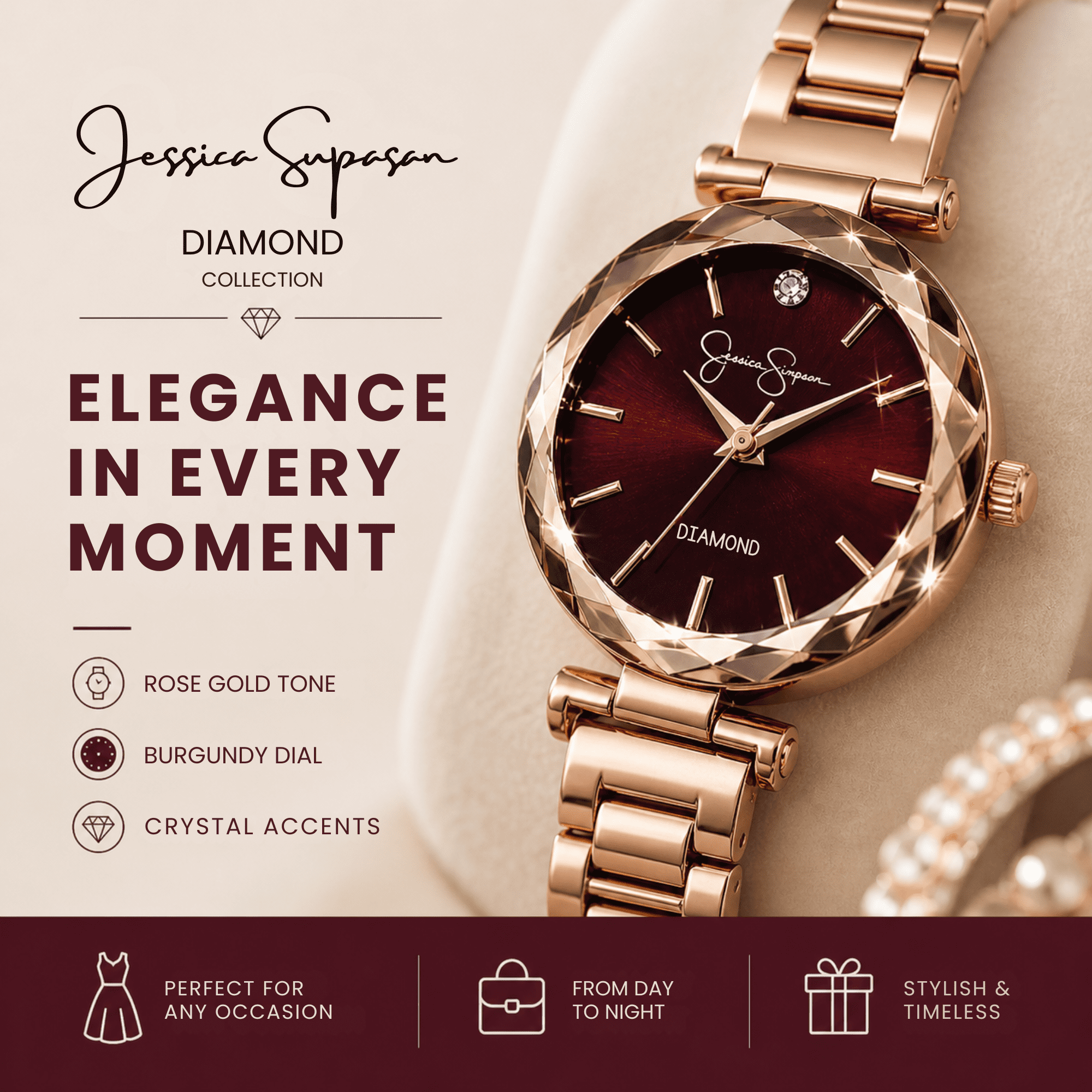 Jessica Simpson Diamond Collection Women Watch, Classic Quartz, Metal Band, Round Faceted Crystal Face, Elegant Dress Watch for Women