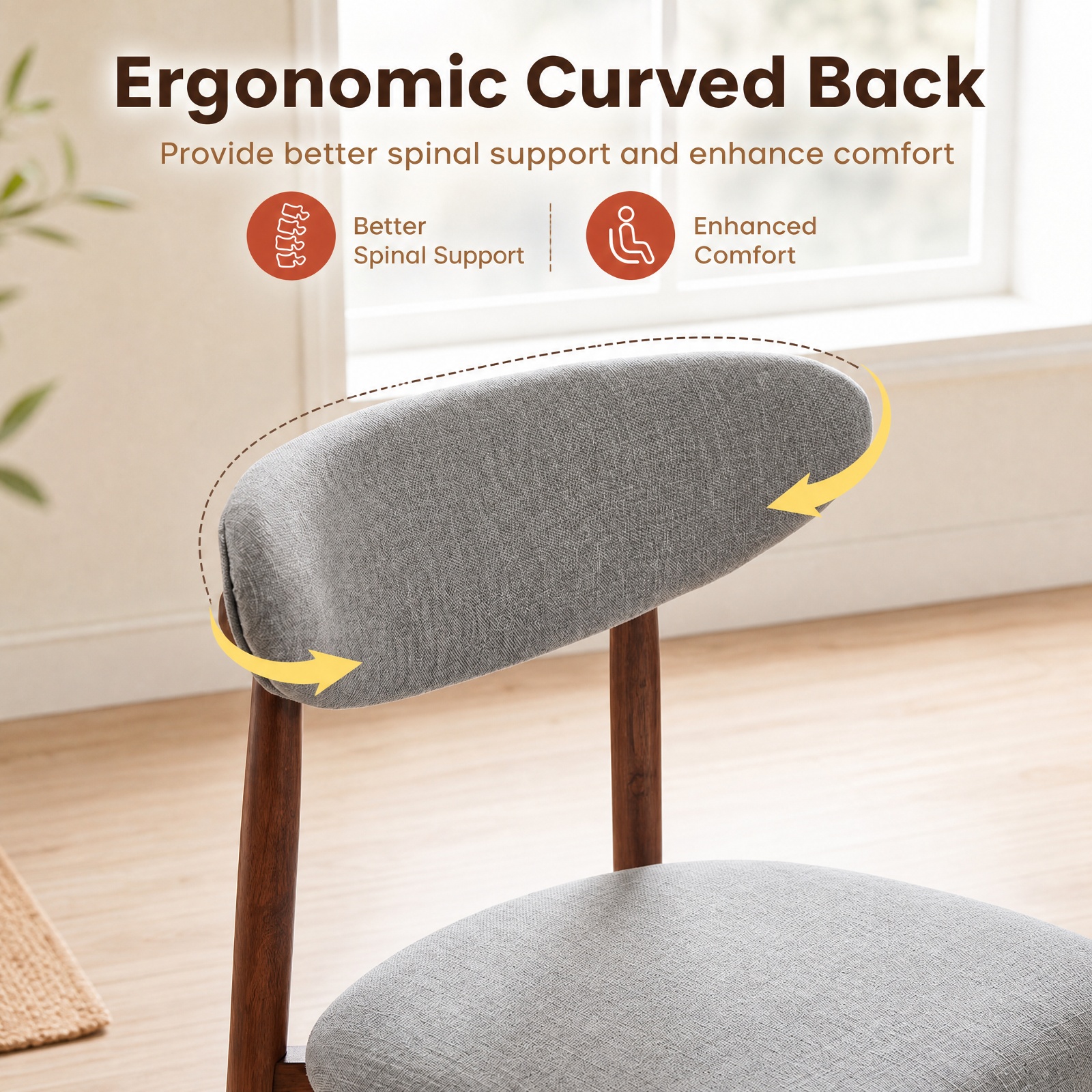 Furnibear Fabric Upholstered Dining Chairs Set of 2 with Curved Backs and Solid Rubber Wood Legs for Kitchen and Farmhouse Dining Room, Gray