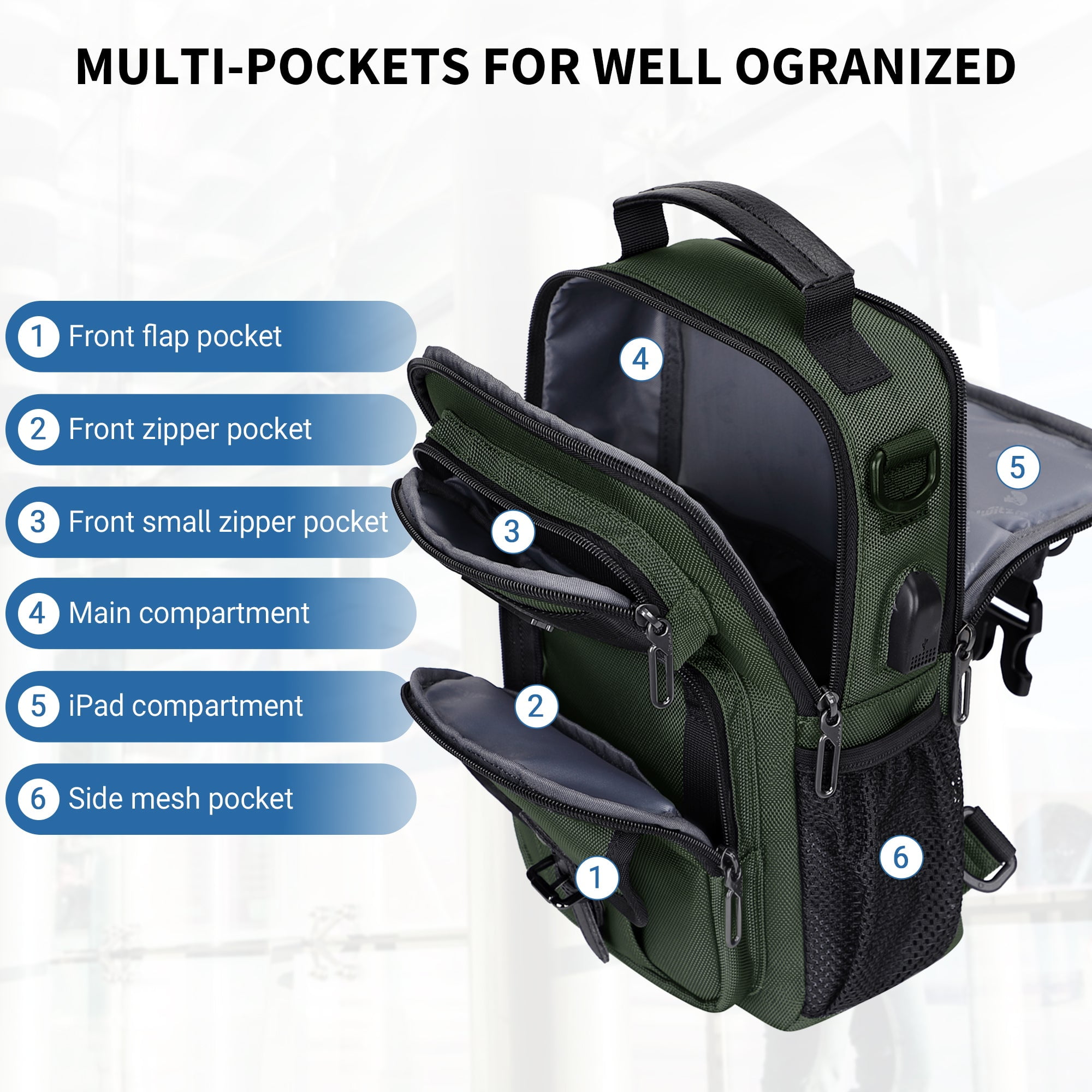 WITZMAN Sling Bag for Men Convertible Travel Sling Backpack USB Charging Port Lightweight Crossbody Bags Casual Daypack（B698 Army Green）