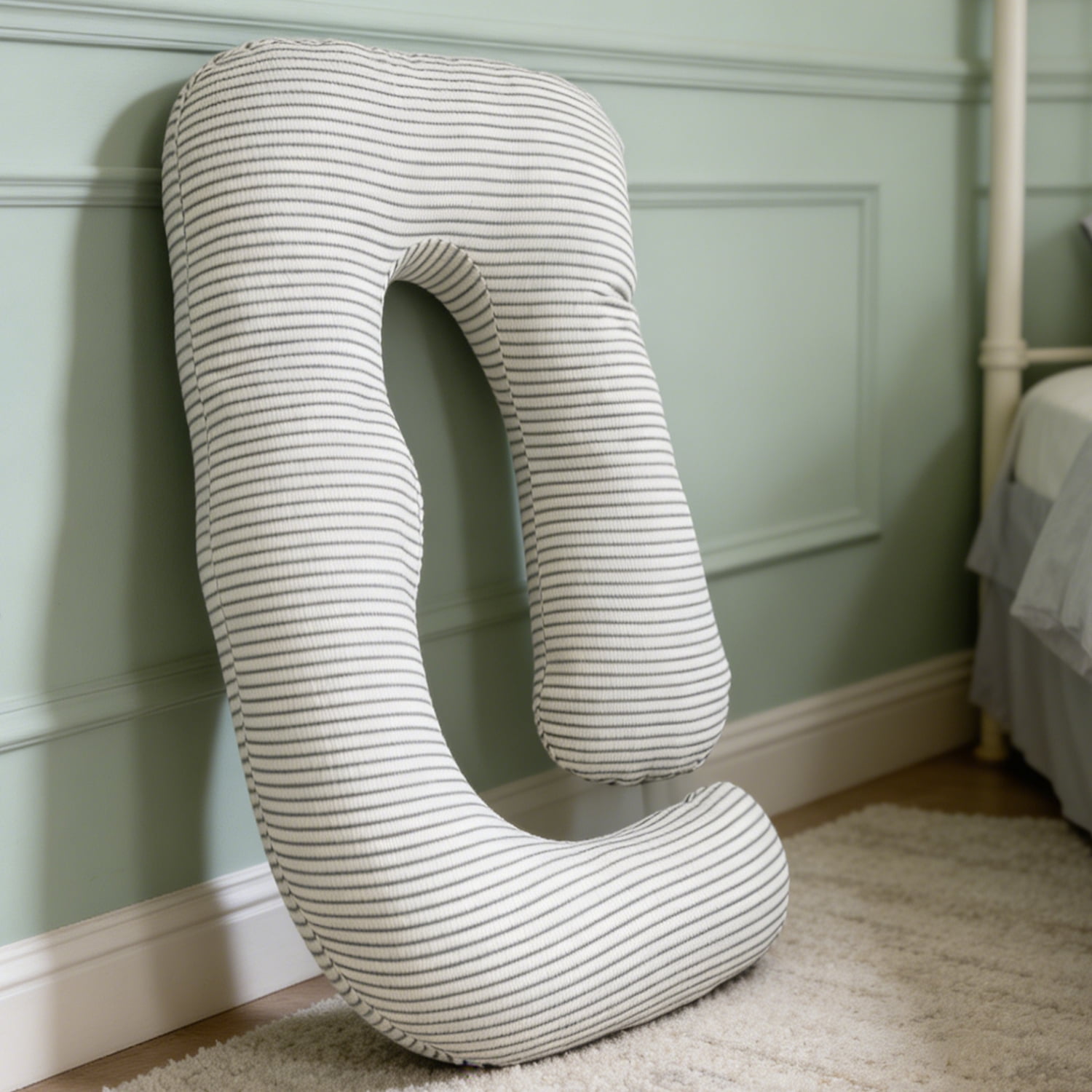 J-Shaped Pregnancy Pillow (65" x 16" x 8") - Full Body Maternity Support Pillow for Back, Hip and Belly Pain Relief, Black & White Stripe
