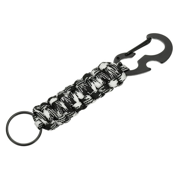 Uxcell Heavy Duty Braided Paracord Keychain, Paracord Keychains Landyard Necklace with Bottle Opener D Hook Clip for Camping Hiking Outdoor Activities Key Ring, Black White Camo