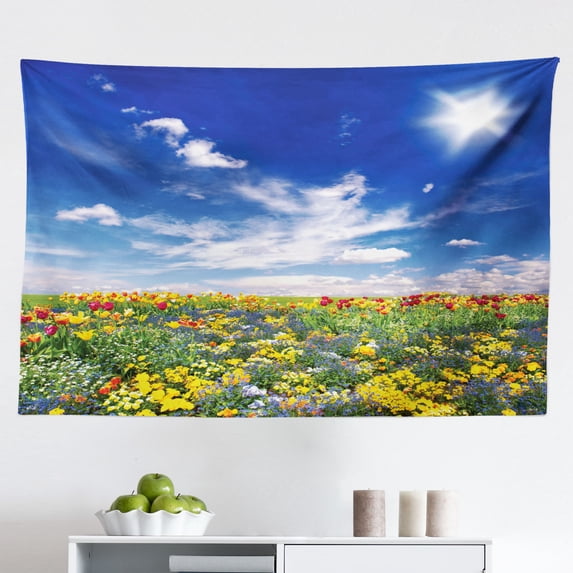 Flower Tapestry, Fresh Springtime Grass and Daisy on Fence Summer Simple Vintage Style Print, Fabric Wall Hanging Decor for Bedroom Living Room Dorm, 2 Sizes, Blue Green White, by Ambesonne