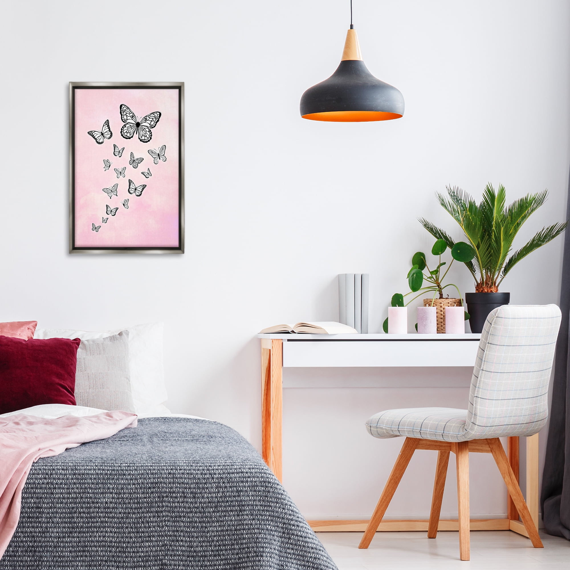 Stupell Industries Pink Fluttering Butterflies Animals Painting Gray Floater Framed Canvas Art Print Wall Art, 17 x 25