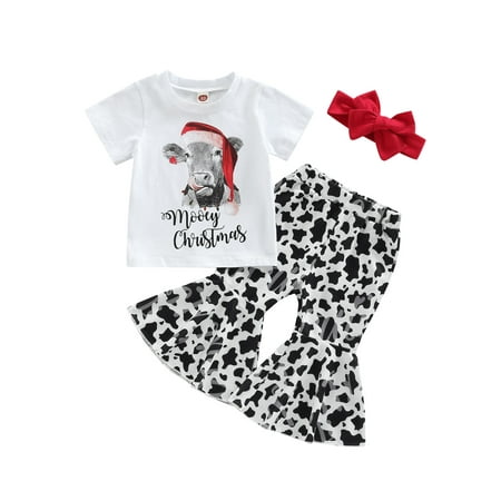 

Bagilaanoe 3Pcs Toddler Baby Girl Christmas Outfits Letter Print Short Sleeve T-Shirts Tops + Flared Trousers + Headbands 6M 12M 18M 24M 3T 4T Kids Long Pants Set