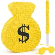 Pirate Treasure Pinata Set - Money Symbol Dollar Sign Pinata Trio with Stick & Blindfold for Pirate, Money, & Cowboy Theme Parties - 16.92 x 13.77 x 13.15 Inch
