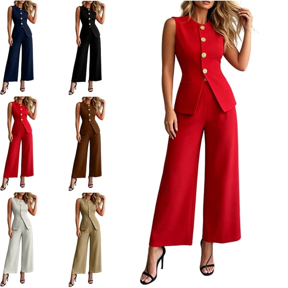 MLCDZ Women's Summer 2 Piece Suit Sets Sleeveless Round Neck Button Down Blazer Vest and Wide Leg Pants Business Casual Outfits Work Clothes with Pockets