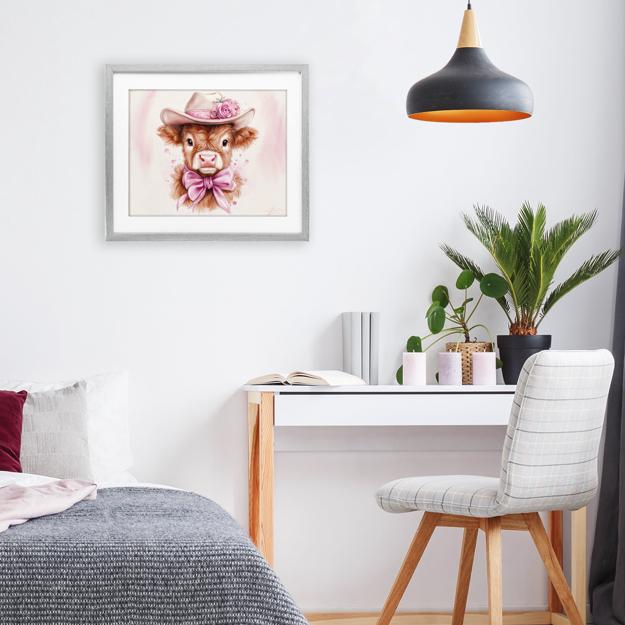 Pretty In Pink Cow Gray Framed Print Under Glass, design by Shawna Stewart