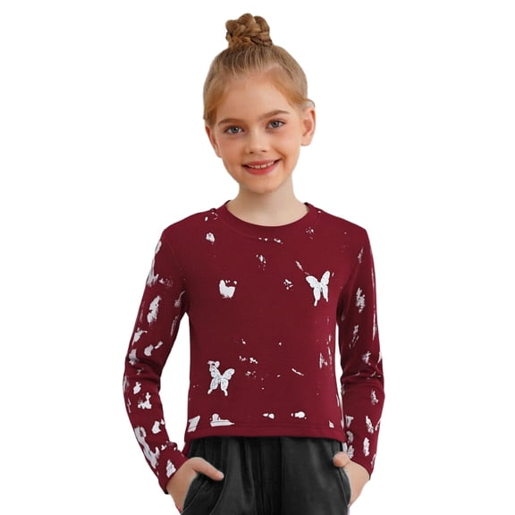 Miutii Girl's Pullover Shirts Hip-hop Clothes Round Neck Basic Tees Athletic Streetwear Long Sleeve Crop Top Burgundy 6-8