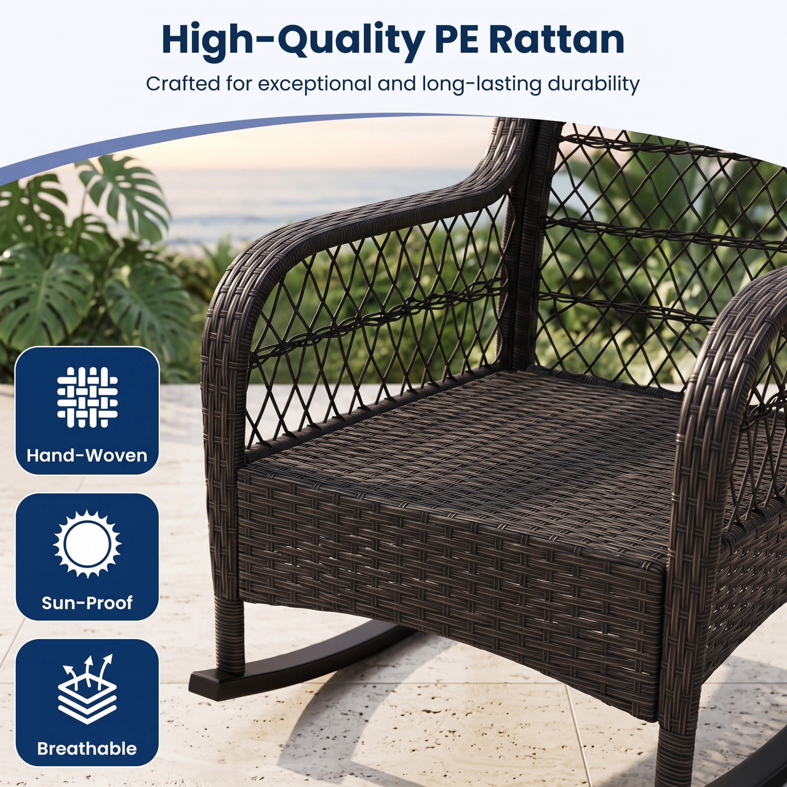 Furnibear Patio Rattan Rocking Chair with Soft Seat, Back Cushions and Waist Pillow for Front Porch, Backyard and Poolside, Navy