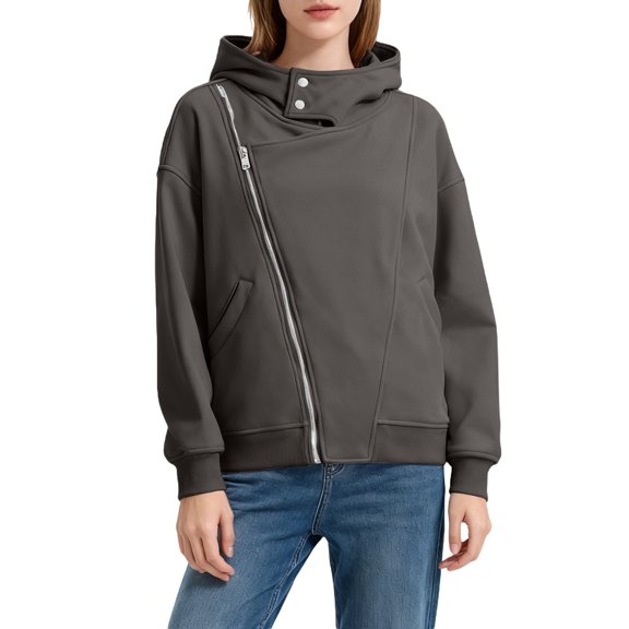 Bibifish Women's Jackets Long Sleeve Asymmetric Zip Up Hoodie Jackets Loose Fit Casual Streetwear Fall Winter High Neck Warm Outerwear