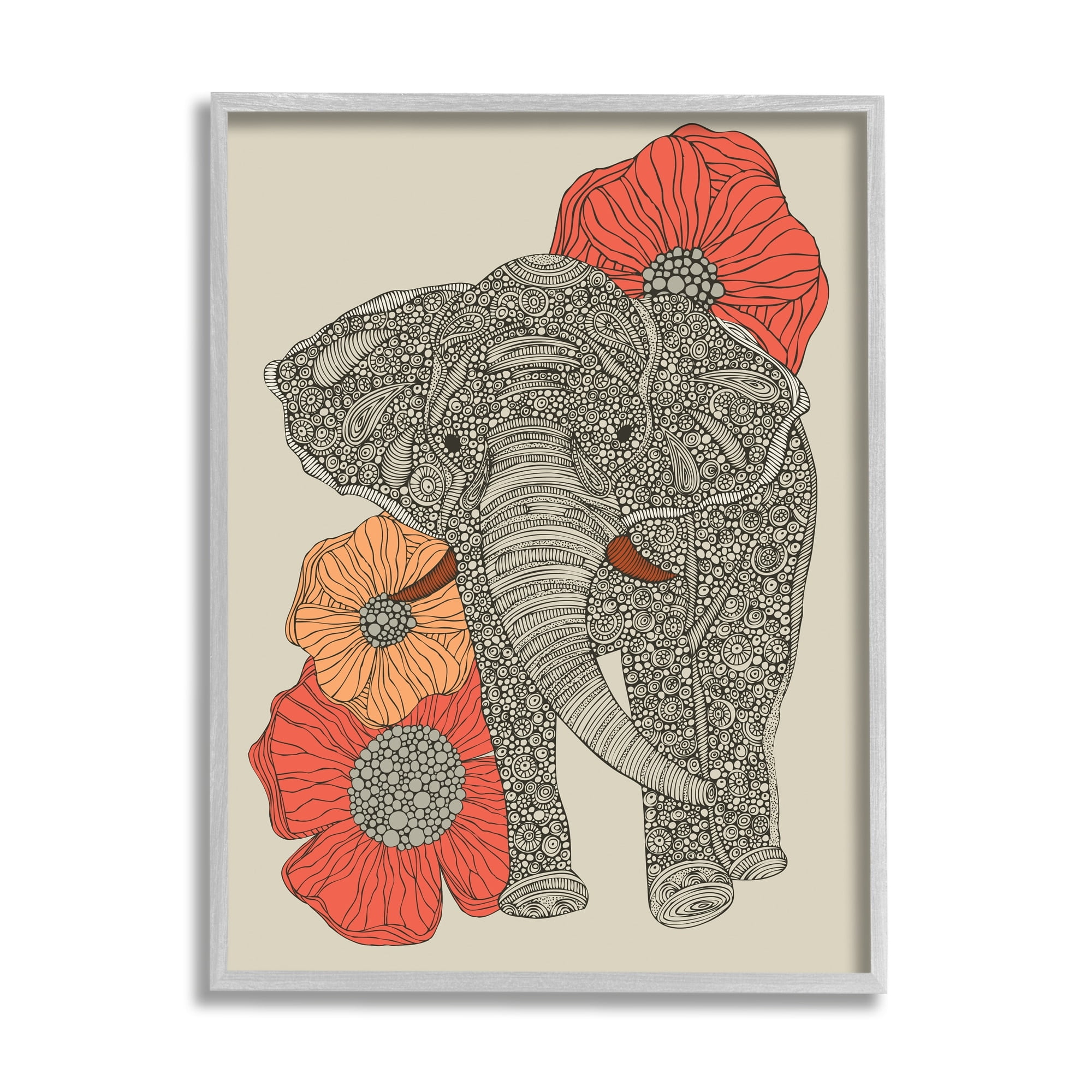 Stupell Industries Standing Elephant Bright Poppies Floral Paisley Fractals Graphic Art Gray Framed Art Print Wall Art, Design by Valentina Harper