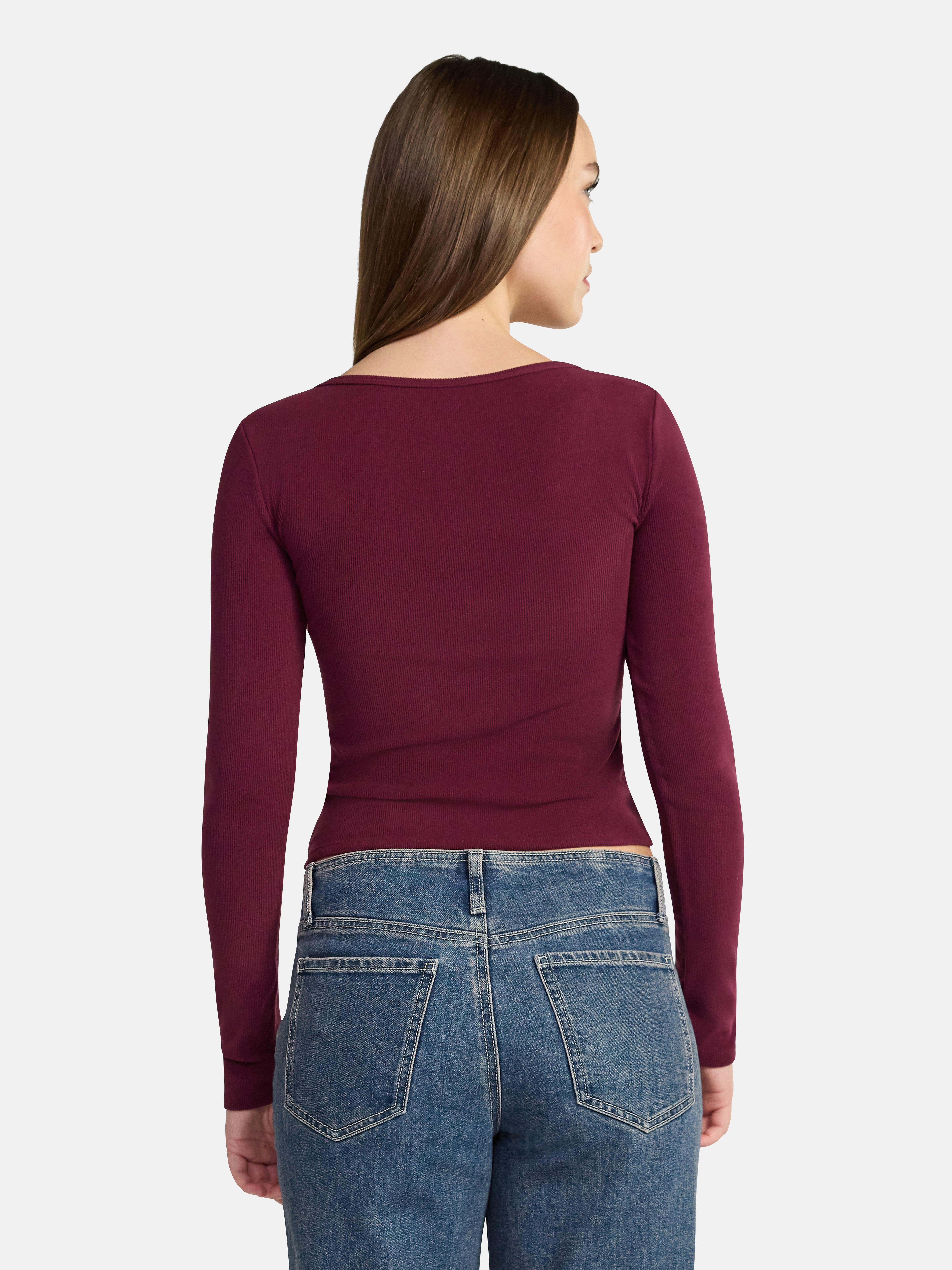 No Boundaries Square Neck Tee with Long Sleeves, Women's