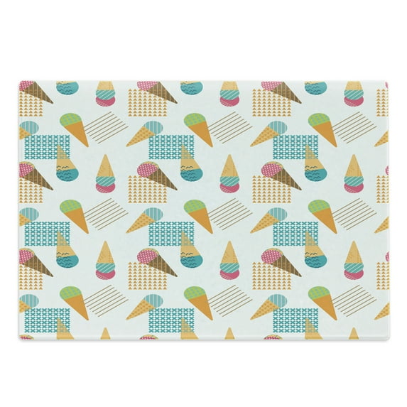 Ice Cream Cutting Board, Pattern in Scandinavian Style Cones with Colorful Scoops and Geometric Design, Decorative Tempered Glass Cutting and Serving Board, Large Size, Multicolor, by Ambesonne